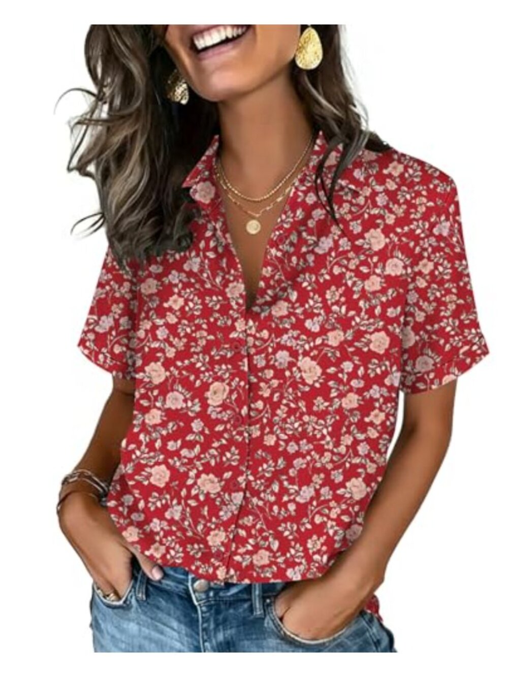 Women's Button Down Blouse Short Sleeve V-Neck Floral Business Casual Top